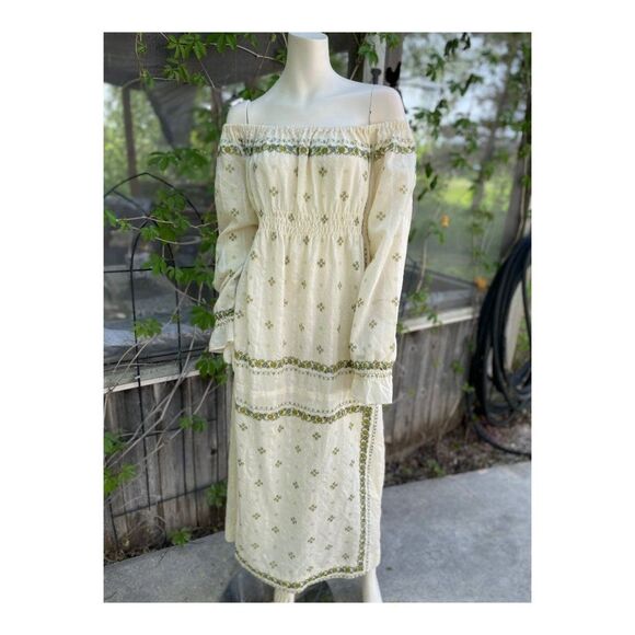 SOLD 70s boho Wool Maxi Dress Floral Print Chevron Jaquard Smocked Off Shoulder - Picture 2 of 13
